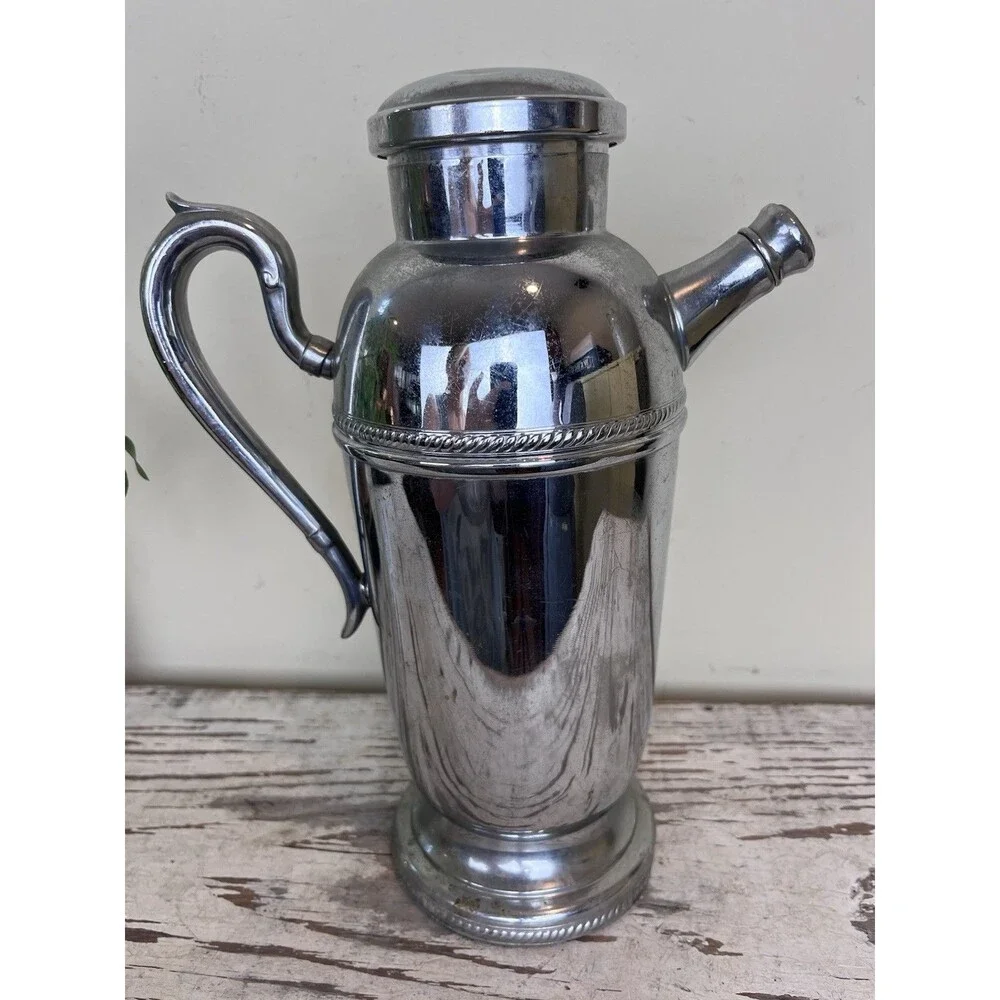 Vintage MCM Chrome Cocktail Pitcher Shaker Chrome Plated Martini Barware Deco